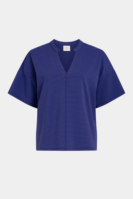 Evve V-Neck Cotton Jersey Stripe T-Shirt front | CHOCOLATE COBALT
