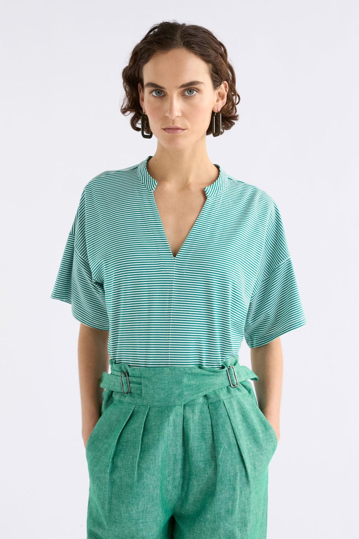 Evve V-Neck Cotton Jersey Stripe T-Shirt Model front | BRIGHT TEAL WHITE