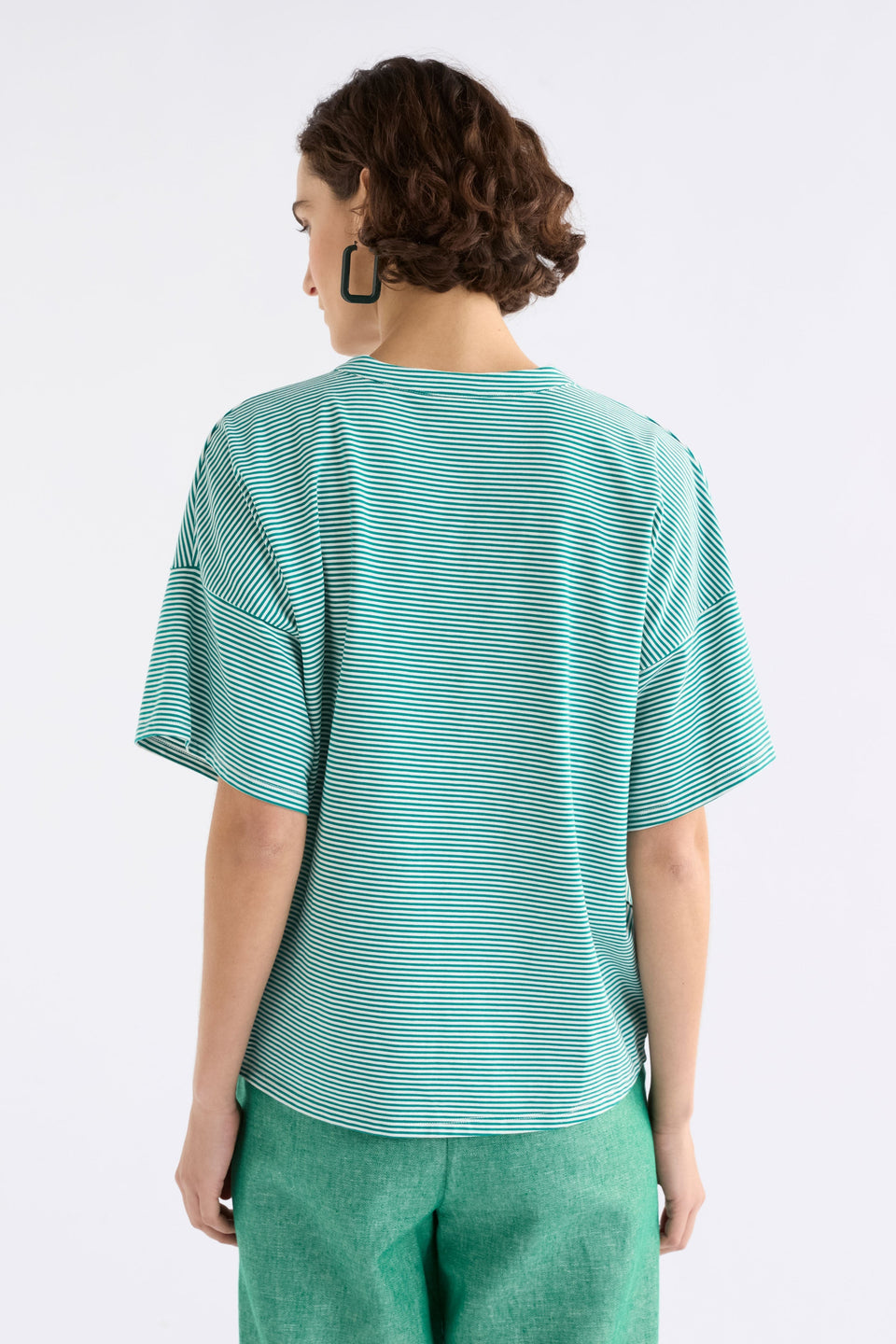 Evve V-Neck Cotton Jersey Stripe T-Shirt Model Back | BRIGHT TEAL WHITE