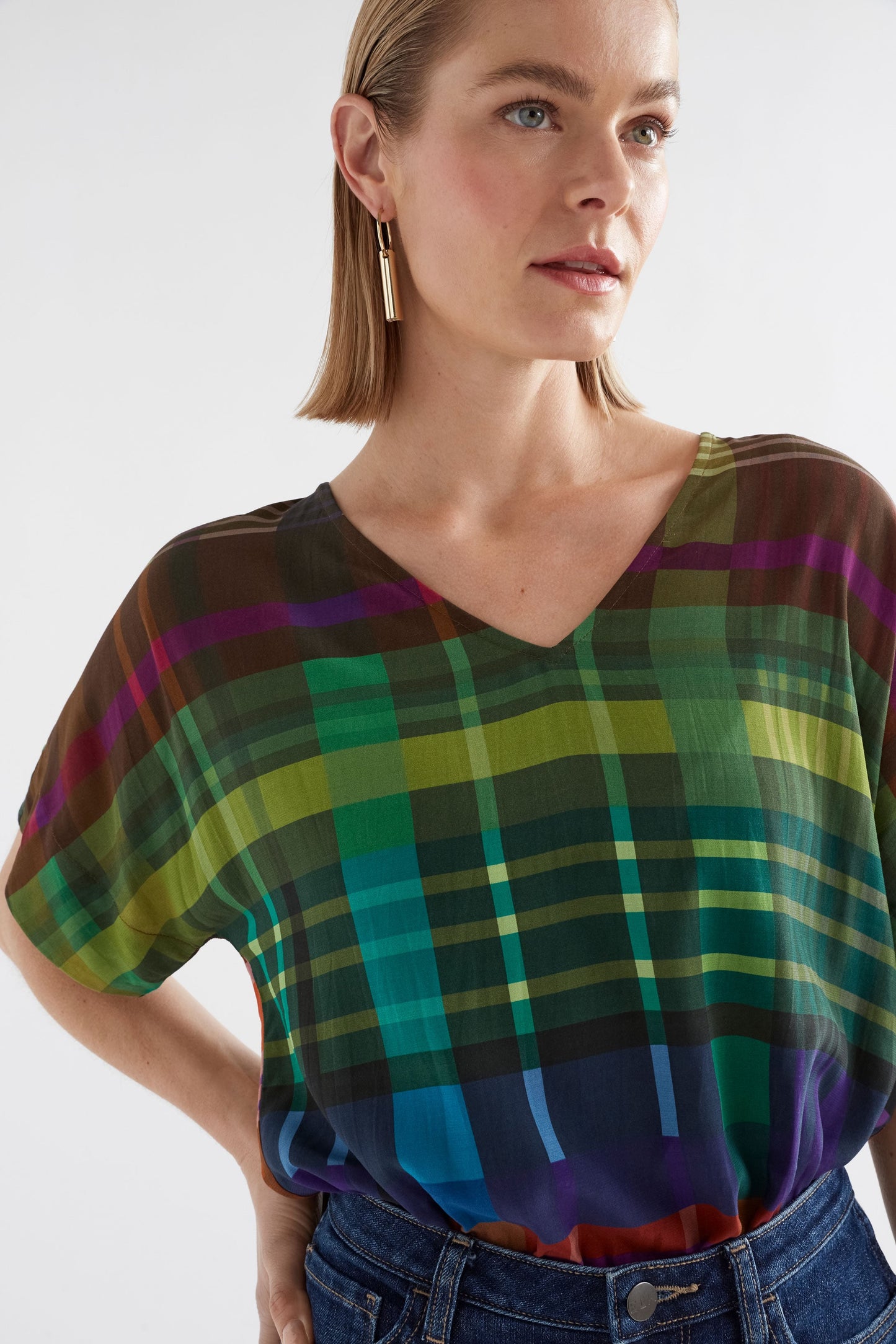 Ideell Silky V-Neck Multi-coloured Print Top Model Front Crop | ELODI PRINT