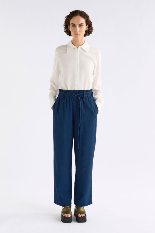 Stolt Seersucker Fine Stripe Paper bag waist straight Leg Pant ELK Model front | MID WASH