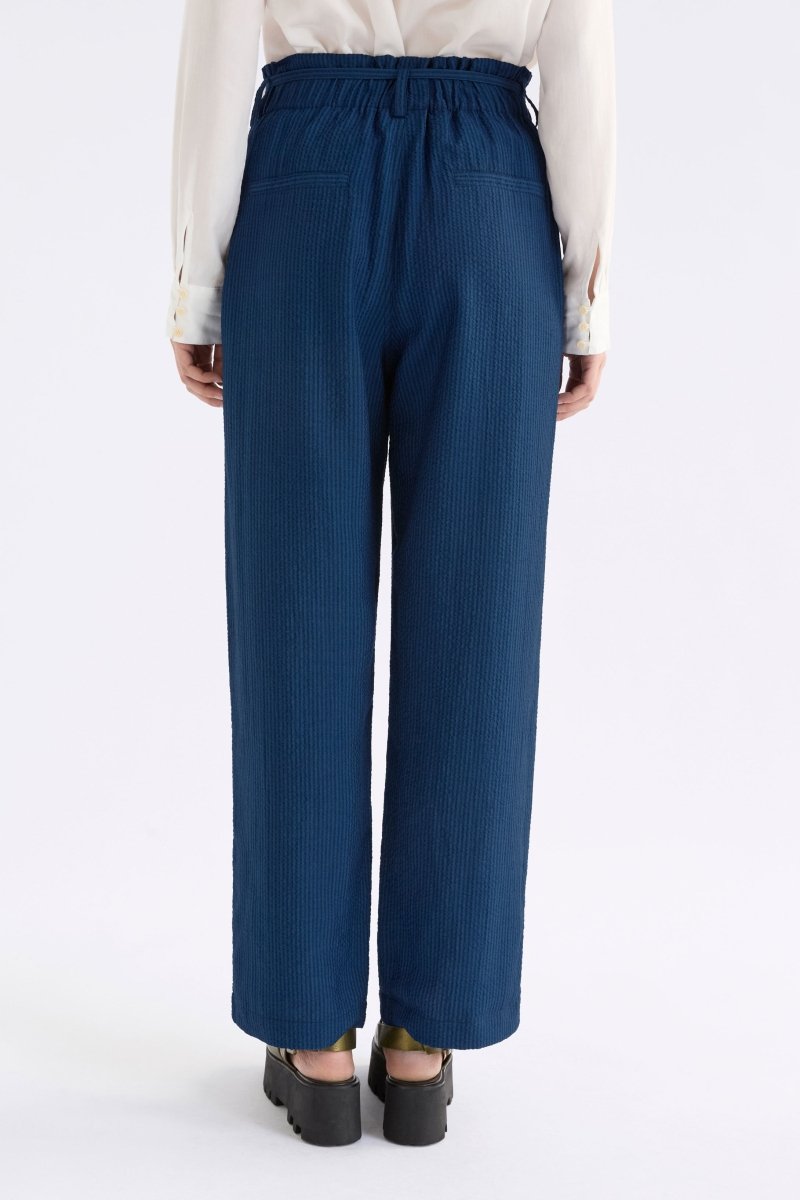 Stolt Seersucker Fine Stripe Paper bag waist straight Leg Pant ELK Model back | MID WASH