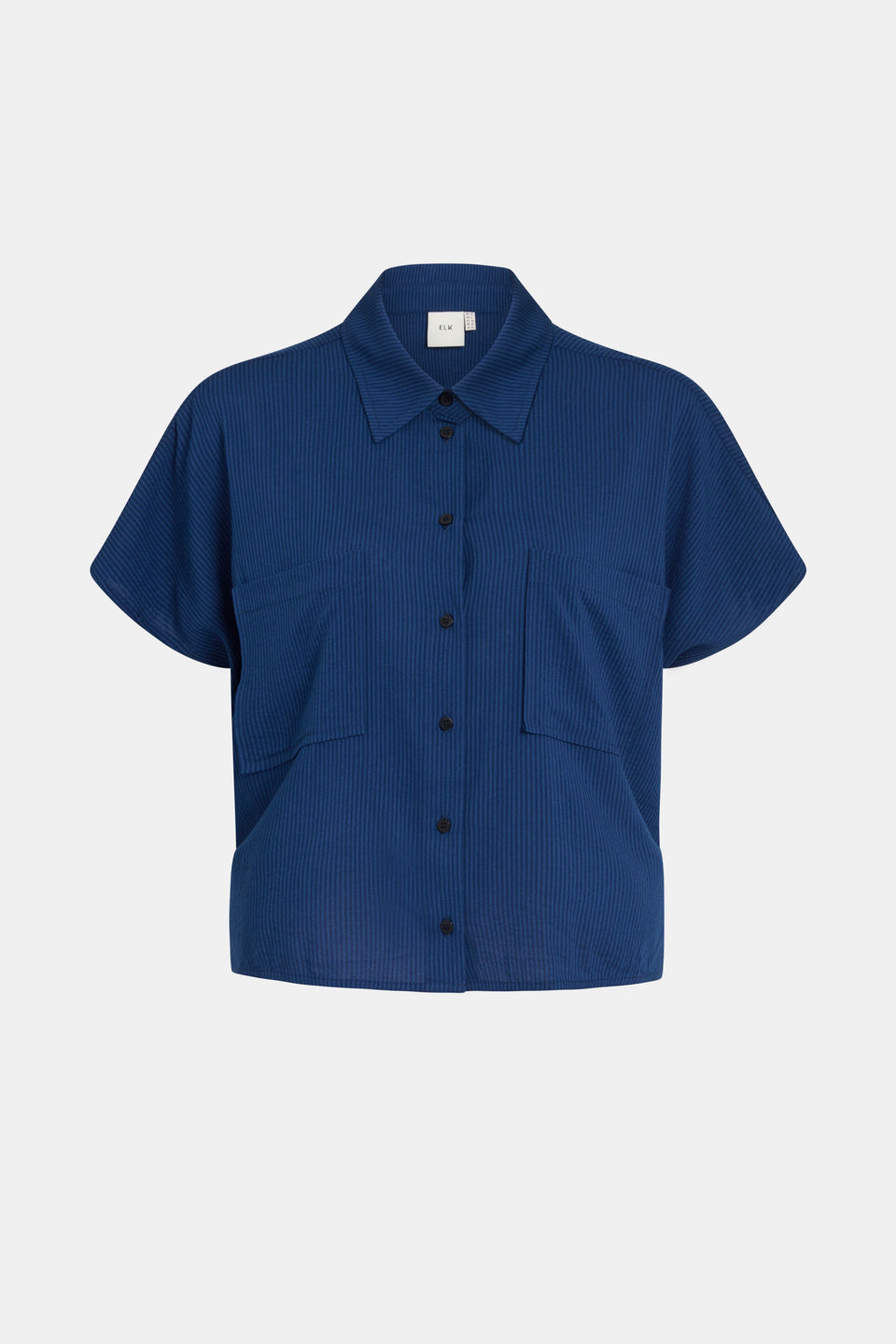 Stolt Seersucker Fine Stripe Cropped Short Sleeve Shirt ELK front | MID WASH