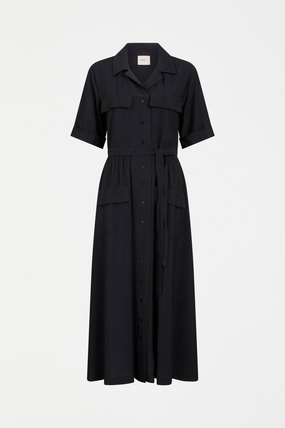 Eine Textured Viscose Patch Pocket Short Sleeve Midi Shirt Dress Front | BLACK