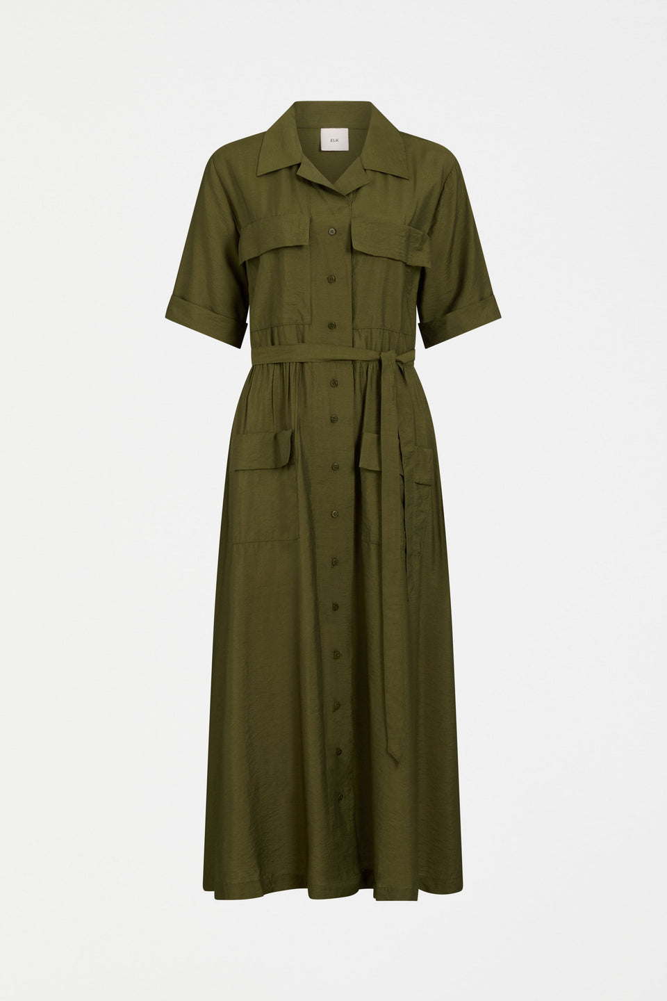 Eine Textured Viscose Patch Pocket Short Sleeve Midi Shirt Dress Front | BRIGHT OLIVE
