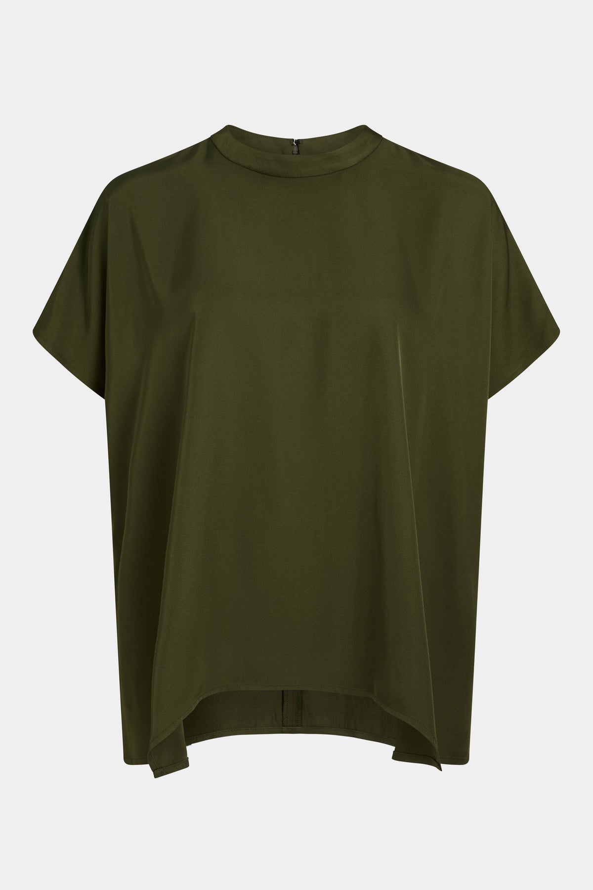 Hullu Relaxed Short Sleeve High Neck Top with Handkerchief Hem Front | BRIGHT OLIVE