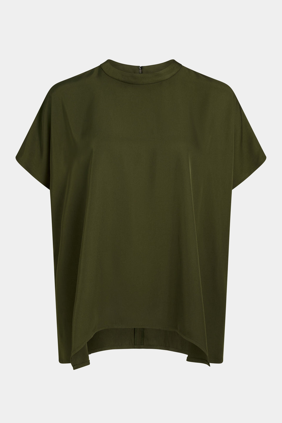 Hullu Relaxed Short Sleeve High Neck Top with Handkerchief Hem Front | BRIGHT OLIVE