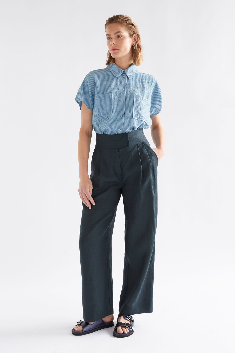 Lejer High waisted Straight Leg Linen Pant Model front | NAVY