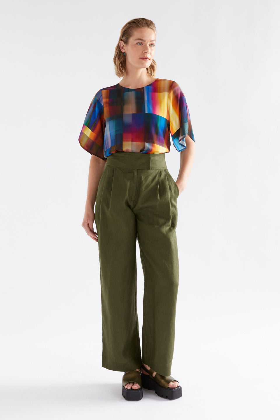 Lejer High waisted Straight Leg Linen Pant Model front 2 | BRIGHT OLIVE