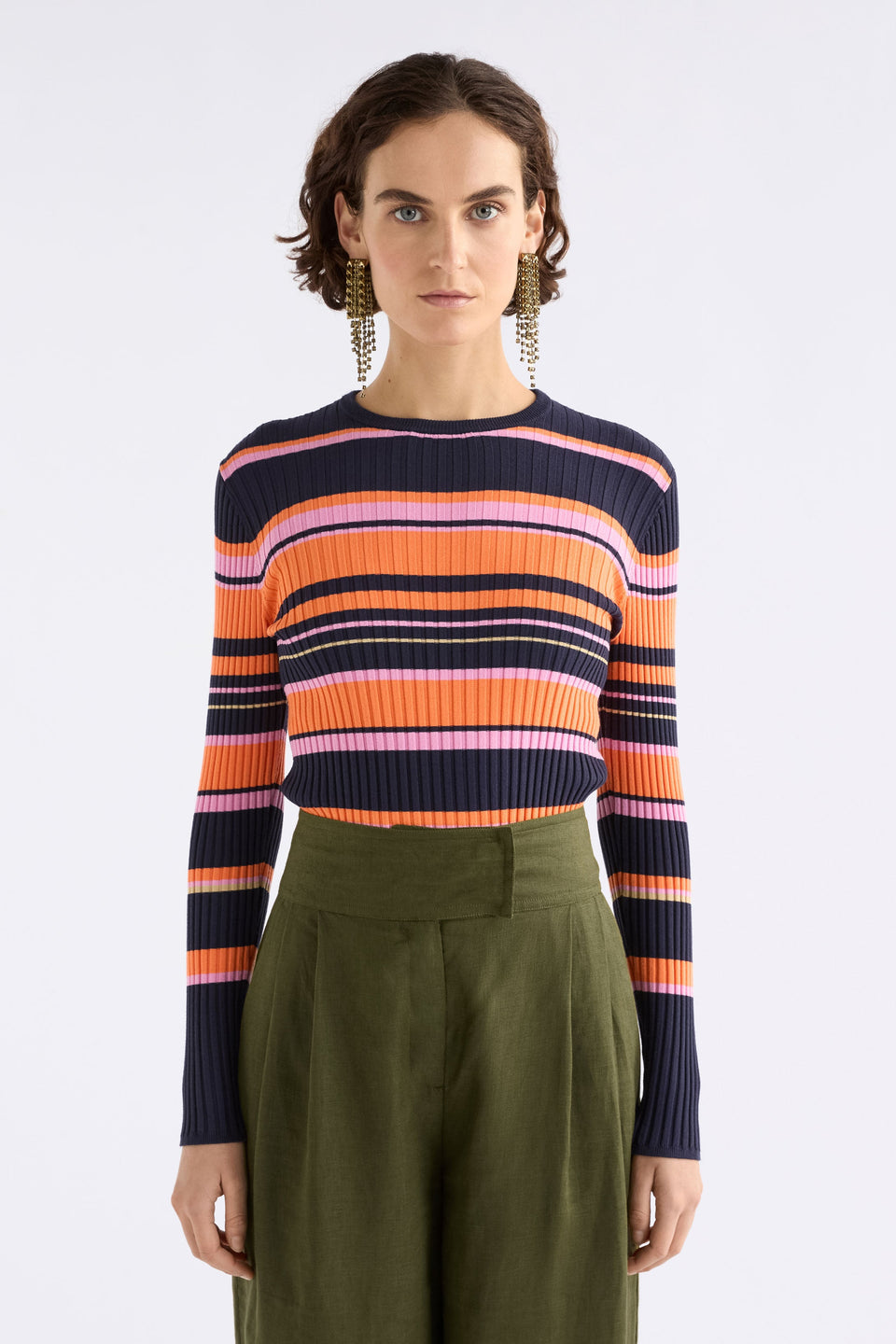 Lejer High waisted Straight Leg Linen Pant Model front crop | BRIGHT OLIVE