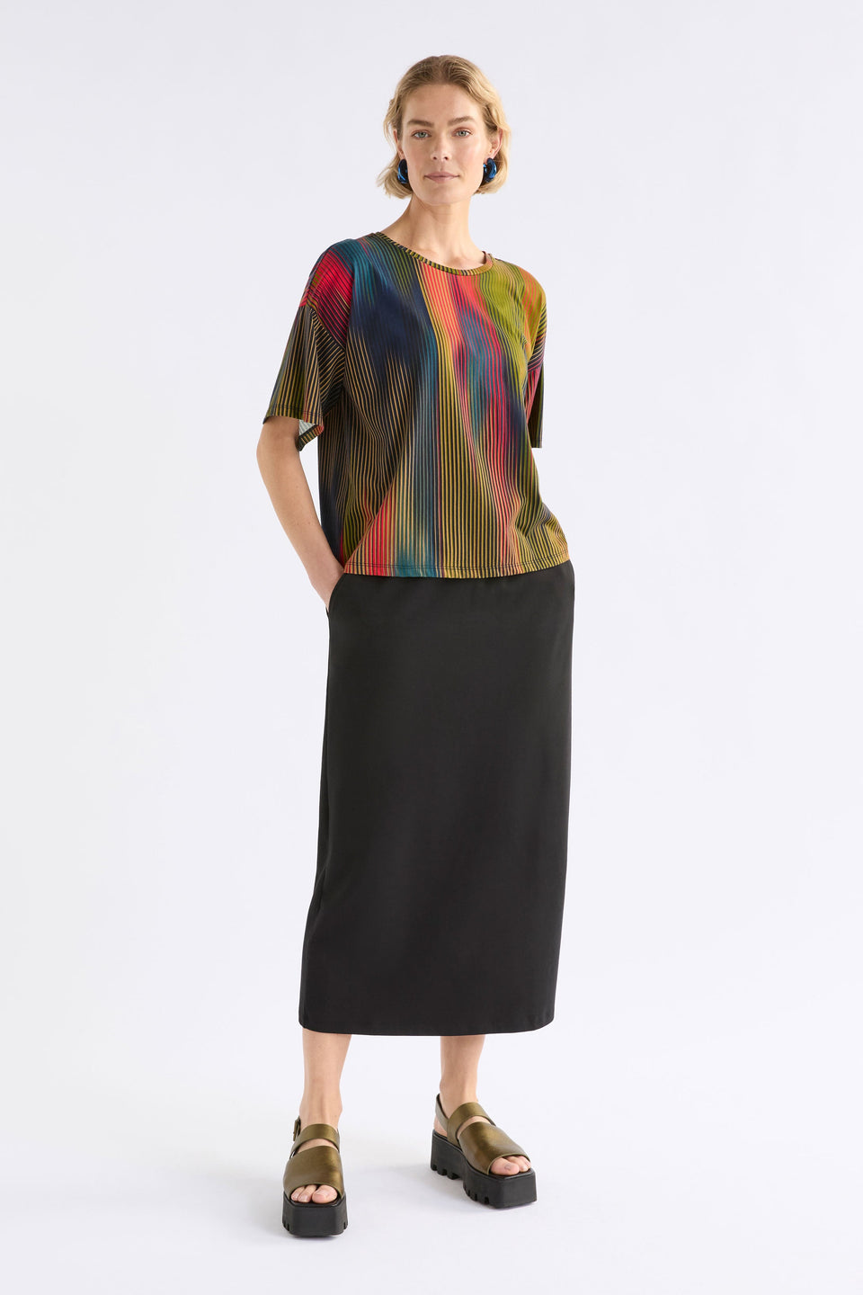 Kyla Multi Coloured Organic Cotton Boxy Relaxed Tshirt Model Front Full Body ELK | ARRAN STRIPE PRINT