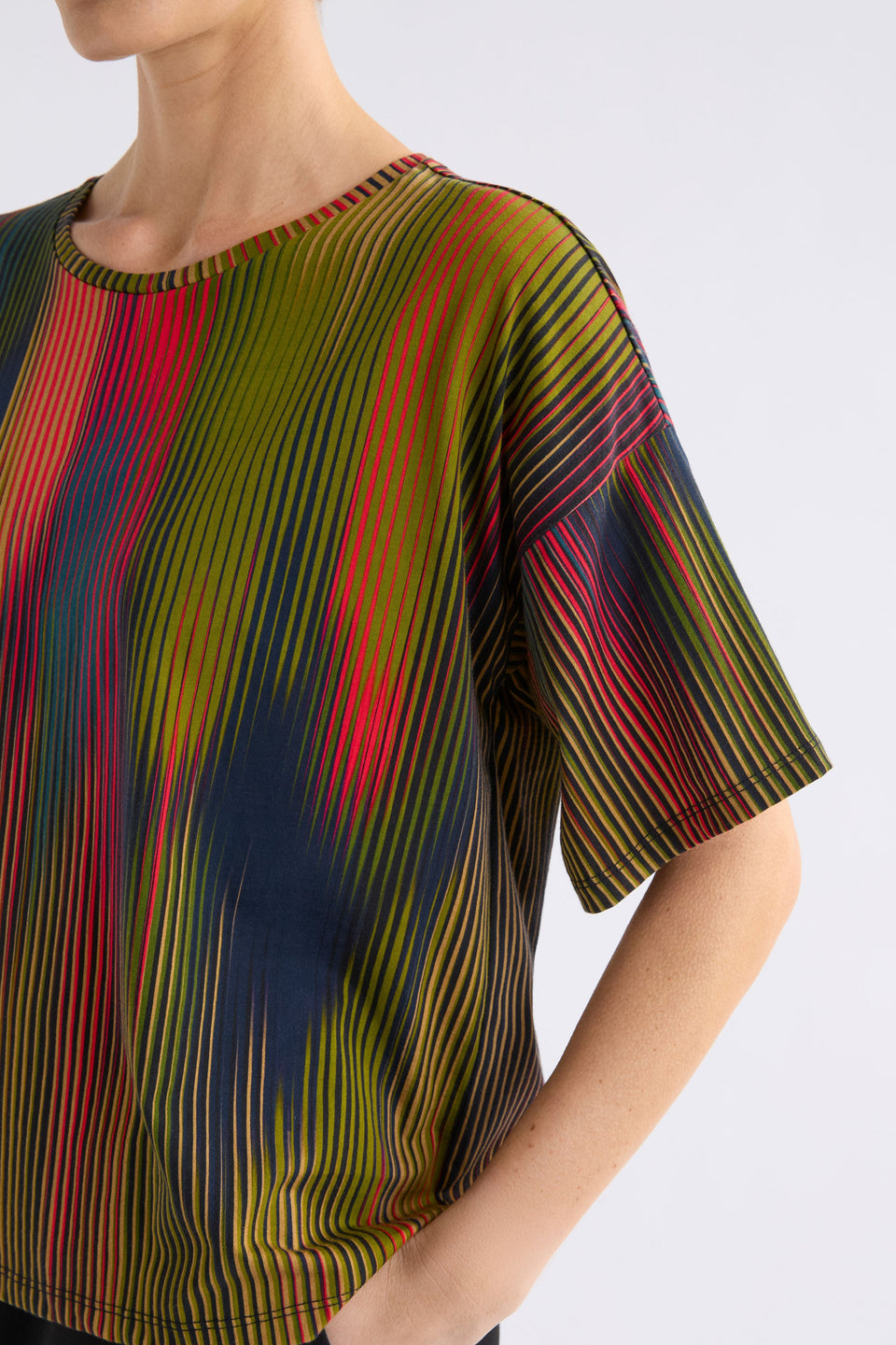 Kyla Multi Coloured Organic Cotton Boxy Relaxed Tshirt Model Front Detail ELK | ARRAN STRIPE PRINT