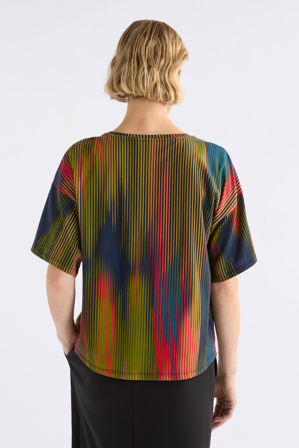 Kyla Multi Coloured Organic Cotton Boxy Relaxed Tshirt Model Back Full Body ELK | ARRAN STRIPE PRINT