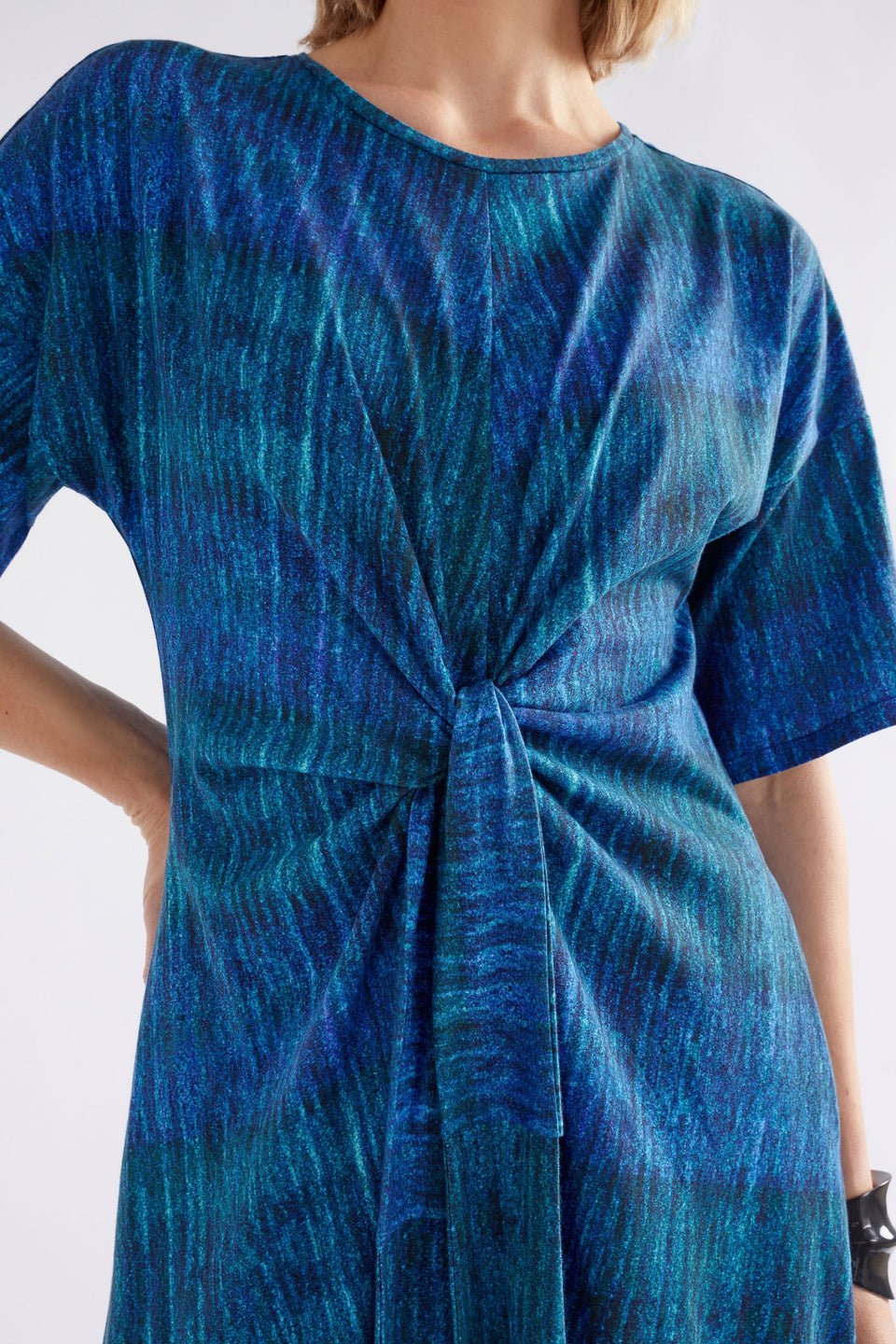 Kihte T-Shirt Dress on Model Close Up Twist Detail | MIKKO PRINT