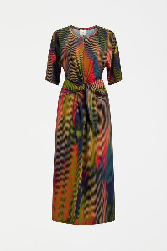 Kihte Organic Cotton Tie Front Midi T-shirt Dress on Front | ARRAN STRIPE PRINT