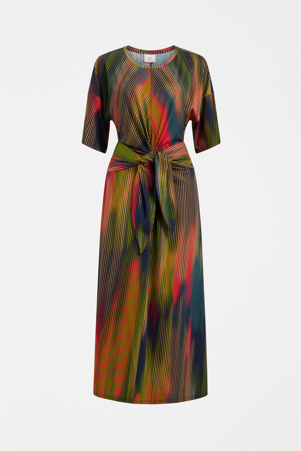 Kihte Organic Cotton Tie Front Midi T-shirt Dress on Front | ARRAN STRIPE PRINT