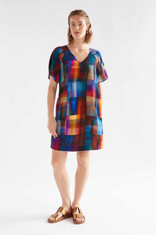 Byde Multi Coloured Tulip Sleeve V-Neck Short Dress Model Front | EKKO PRINT
