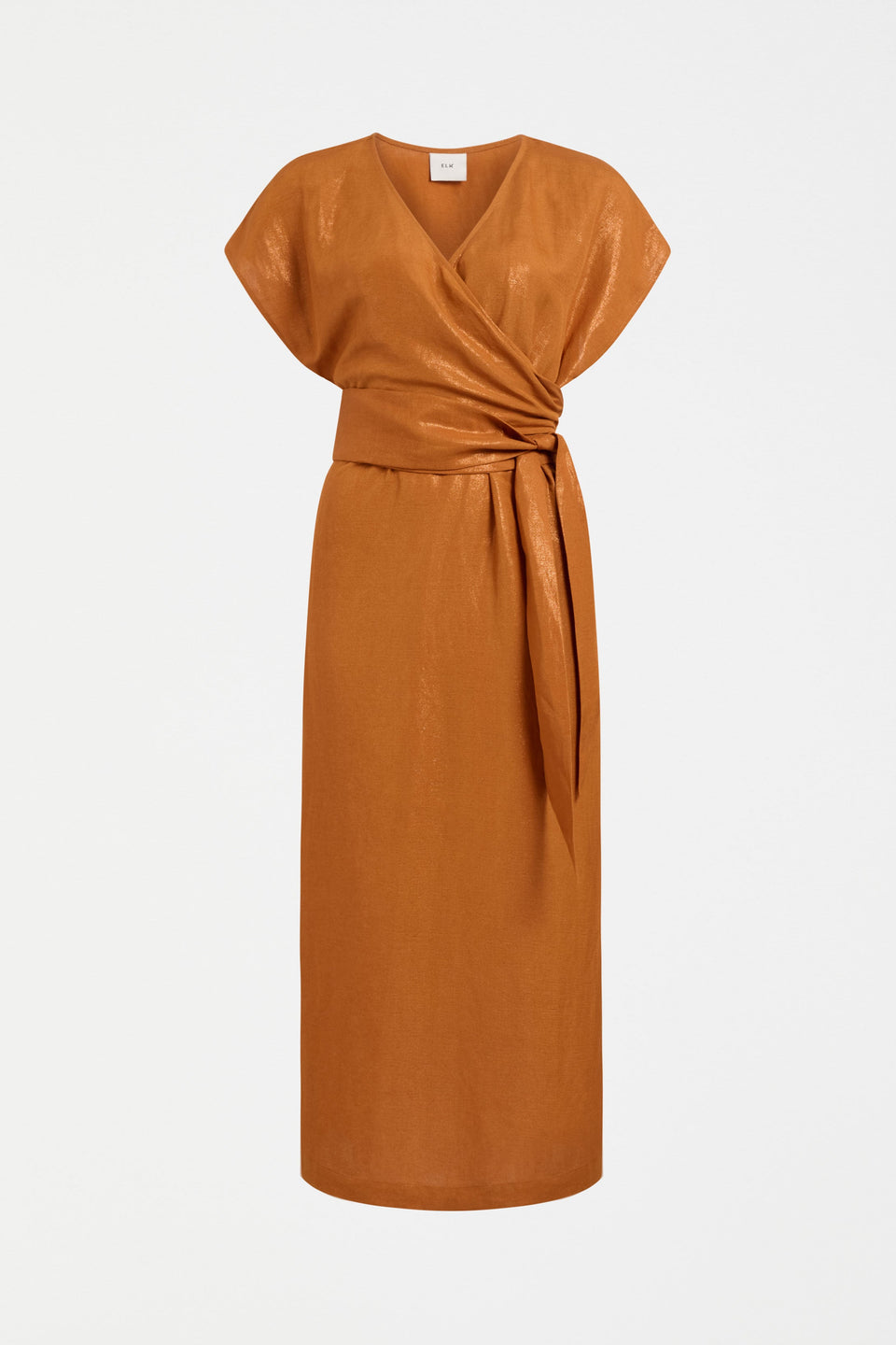 Jopa Copper Metallic Midi Short Sleeve Wrap Dress with waist tie front | COPPER