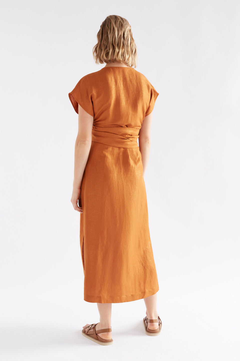 Jopa Copper Metallic Midi Short Sleeve Wrap Dress with waist tie Model back | COPPER