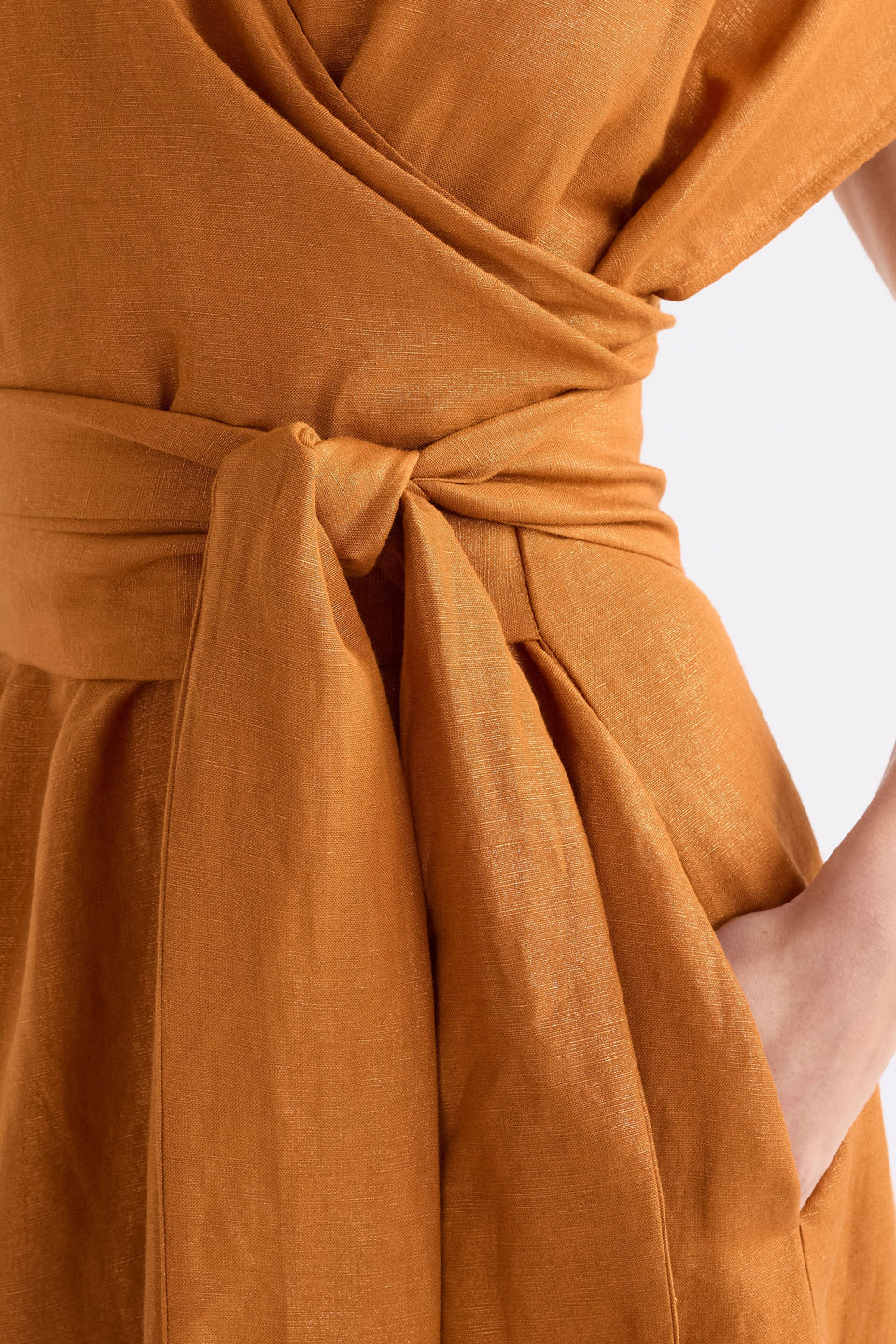 Jopa Copper Metallic Midi Short Sleeve Wrap Dress with waist tie Model front crop detail | COPPER