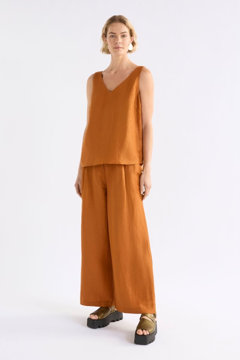 Jopa Copper Metallic High Waisted Wide Leg Linen Pant Model front | COPPER