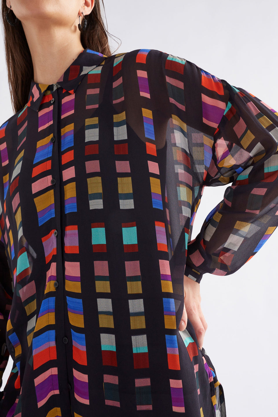 Eir Relaxed Print Sheer Long Sleeve Shirt Model Detail | TESSELA PRINT