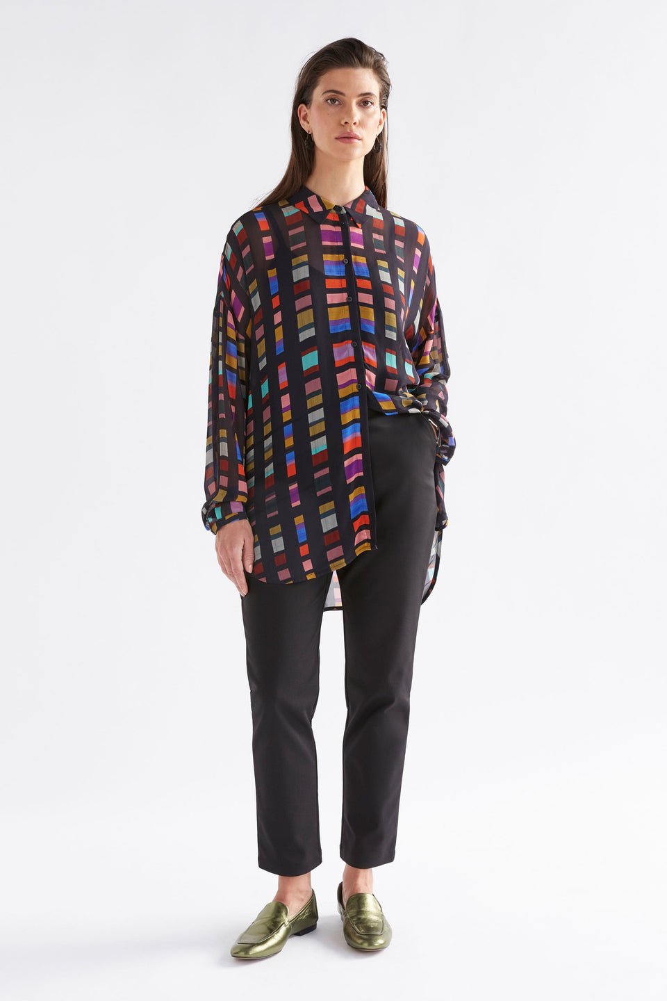 Eir Relaxed Print Sheer Long Sleeve Shirt Model Front Full Body | TESSELA PRINT