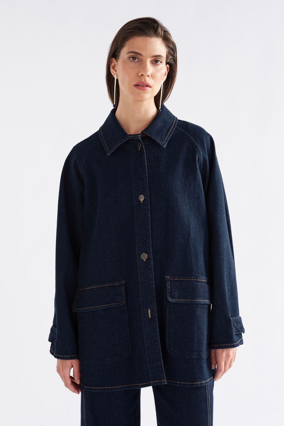 Myes Relaxed Look Denim Jacket with Patch Pockets and Contrast Stitching Model Front Crop | DARK BLUE WASH