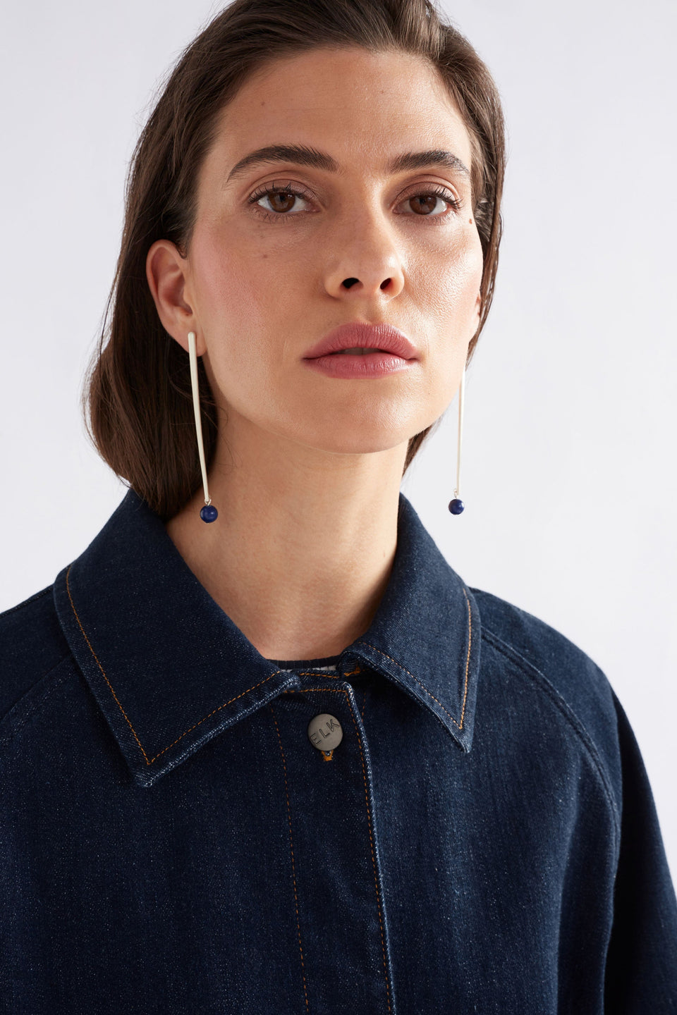 Myes Relaxed Look Denim Jacket with Patch Pockets and Contrast Stitching Mode Collar Detail | DARK BLUE WASH