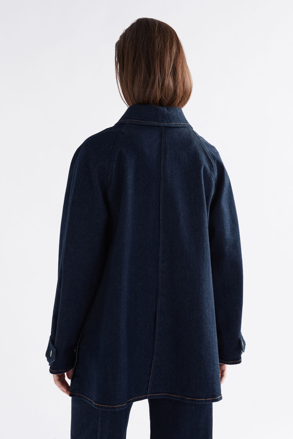 Myes Relaxed Look Denim Jacket with Patch Pockets and Contrast Stitching Model Back |  DARK BLUE WASH