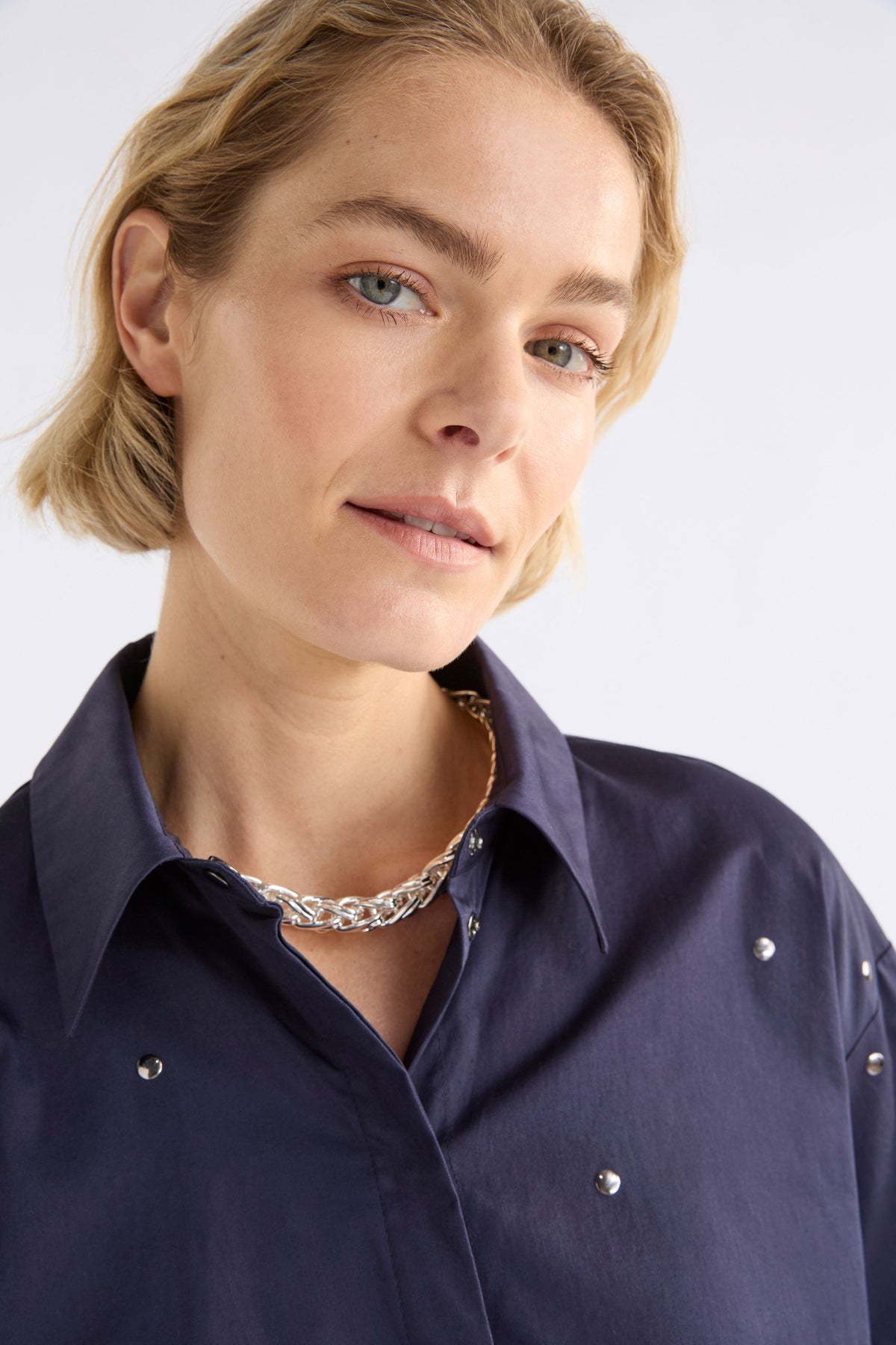 Stuud Shirt on Model Close Up with necklace | BRIGHT NAVY