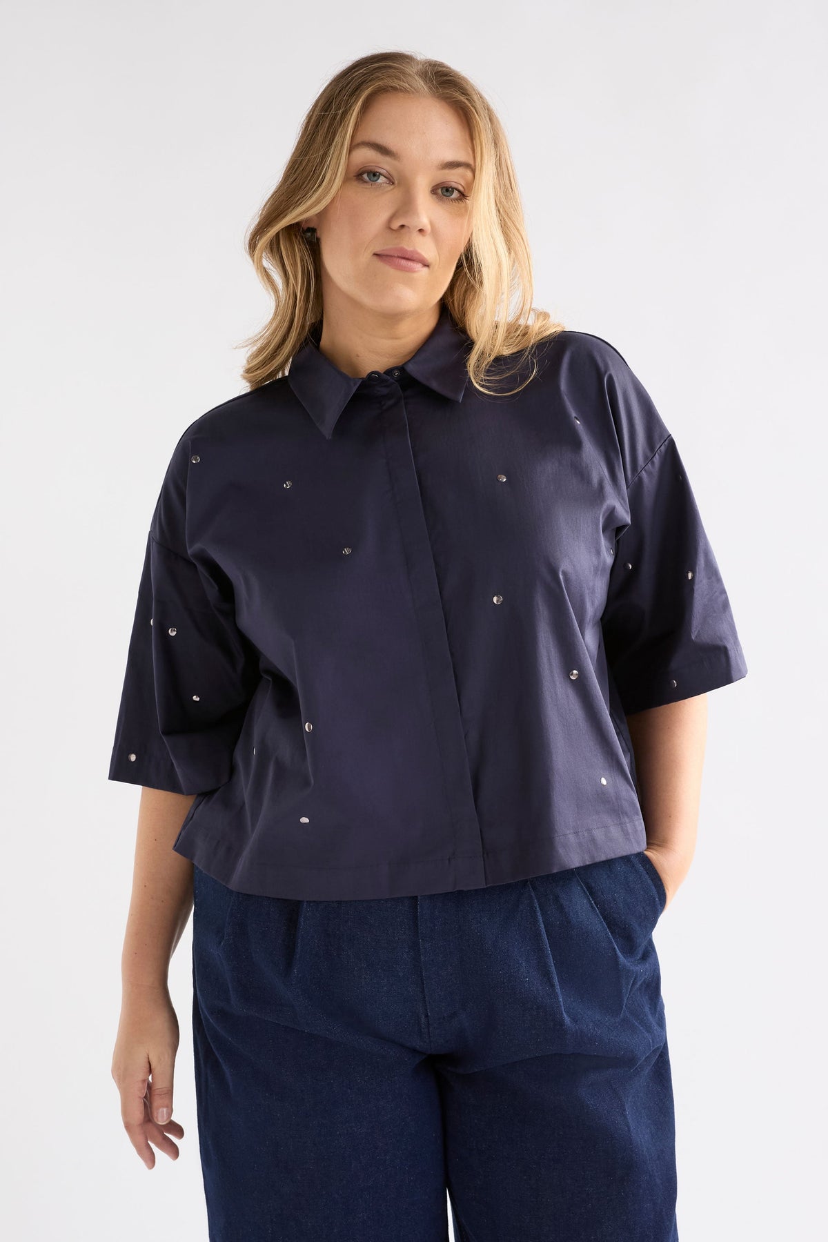 Stuud Shirt on Model styled with denim | BRIGHT NAVY