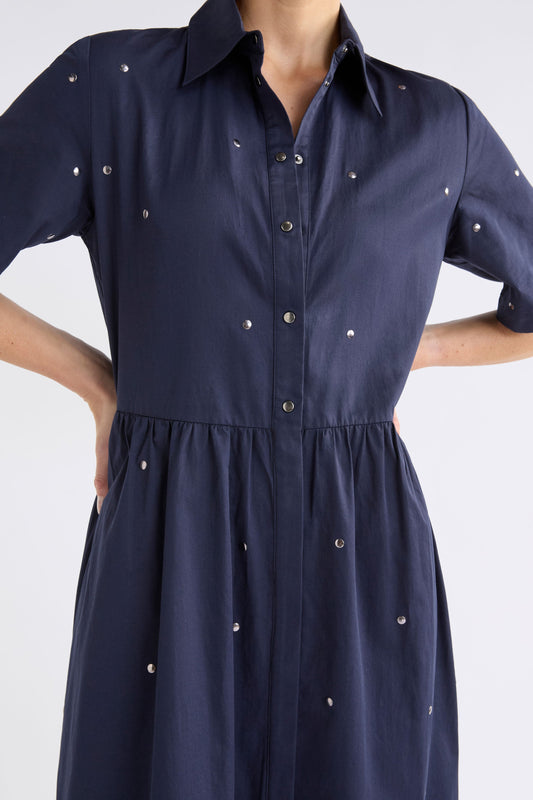 Stuud Long Shirt Dress on Model Close Up Detail | BRIGHT NAVY