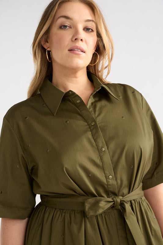 Stuud Organic Cotton Short Sleeve Long Shirt Dress with Stud detail Front on Curve Model detail | OLIVE