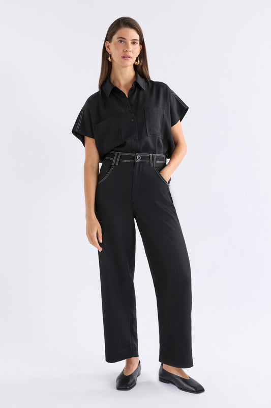 Hullu Mid Rise Contrast Top-Stitch Straight Leg Pant Model Front | BLACK
