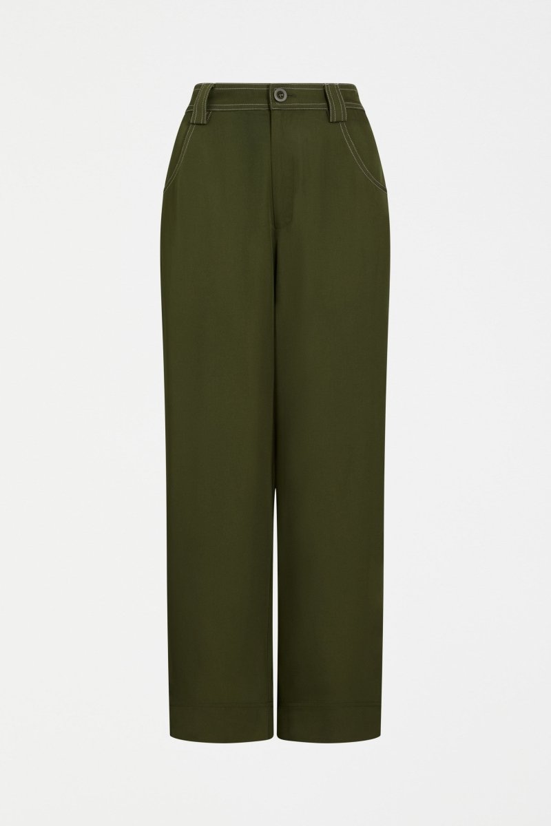 Hullu Mid Rise Contrast Top-Stitch Straight Leg Pant Front | BRIGHT OLIVE