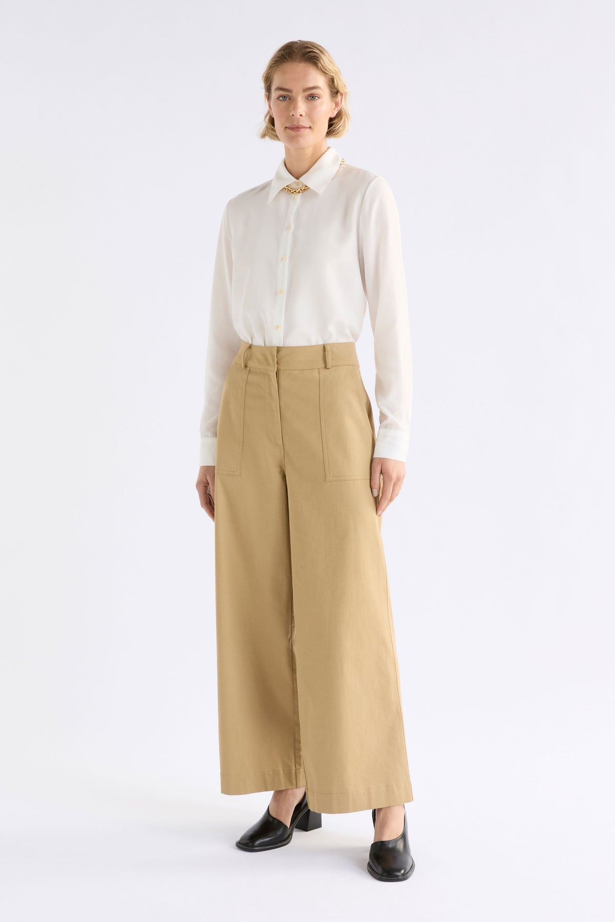 Kudel Pant on Model with white shirt | ALMOND
