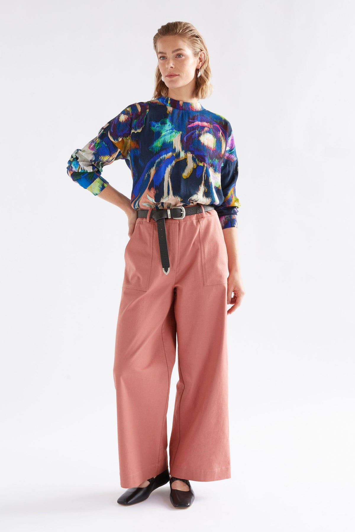 Kudel Pant on Model styled with print shirt | CLAY PINK