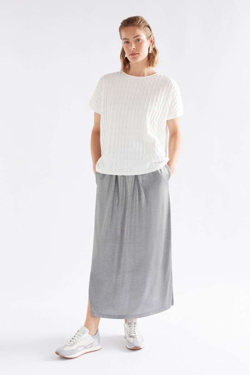 Maail Elastic Waist Metallic Silver Jersey Midi Skirt Model Front | SILVER