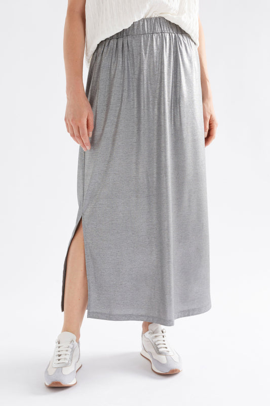 Maail Elastic Waist Metallic Silver Jersey Midi Skirt Model Front cropped | SILVER