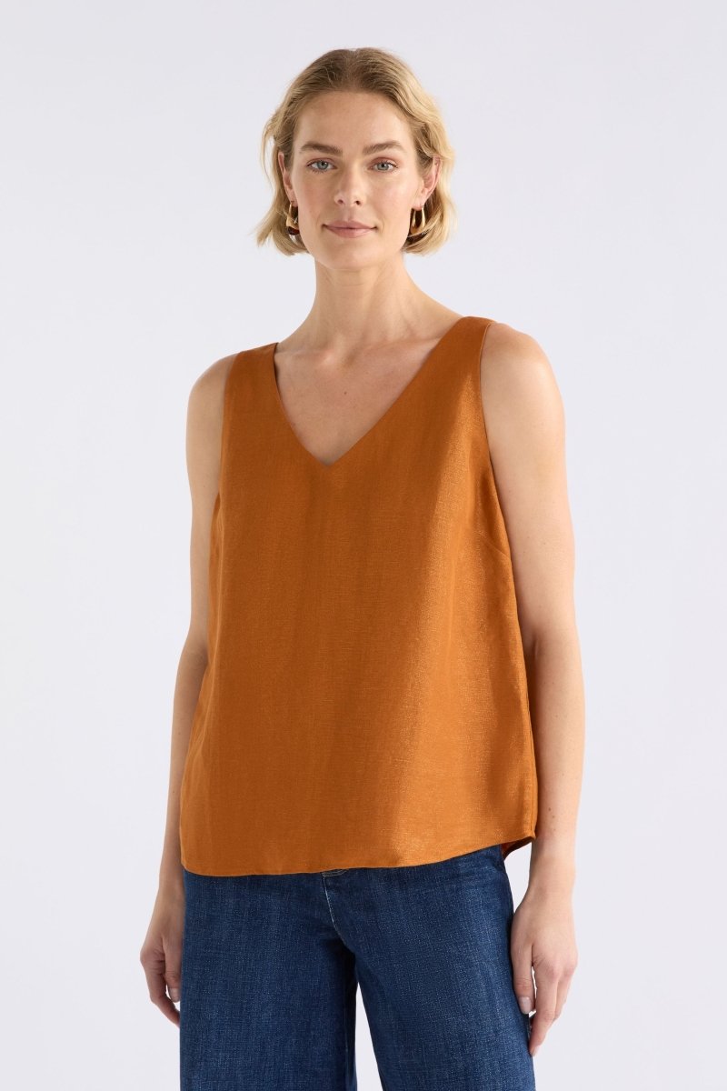 Jopa Copper Metallic Swing Sleeveless Linen Vest Tank Model front | COPPER