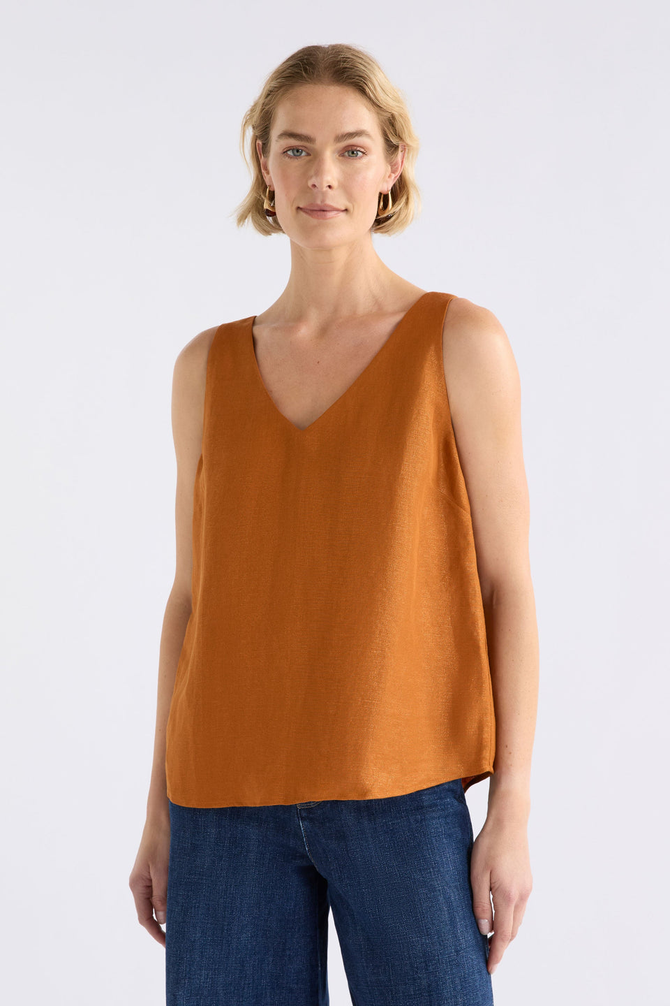 Jopa Copper Metallic Swing Sleeveless Linen Vest Tank Model front | COPPER