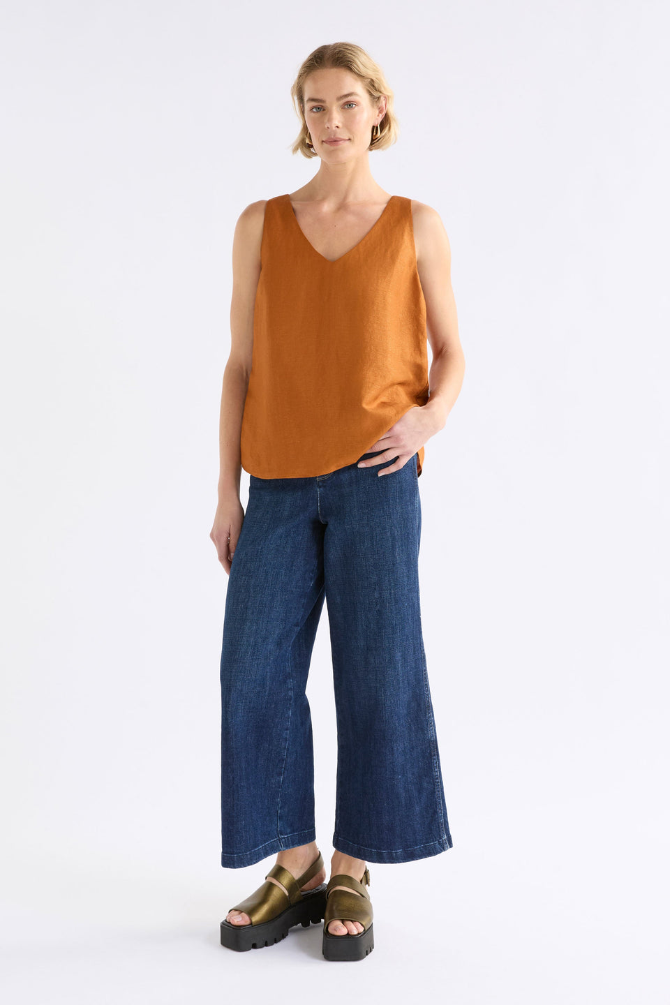 Jopa Copper Metallic Swing Sleeveless Linen Vest Tank Model front Full Body | COPPER