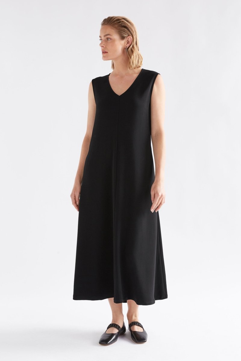 Miki Sleeveless V-neck A-line Long Midi Event Dress model Front | BLACK