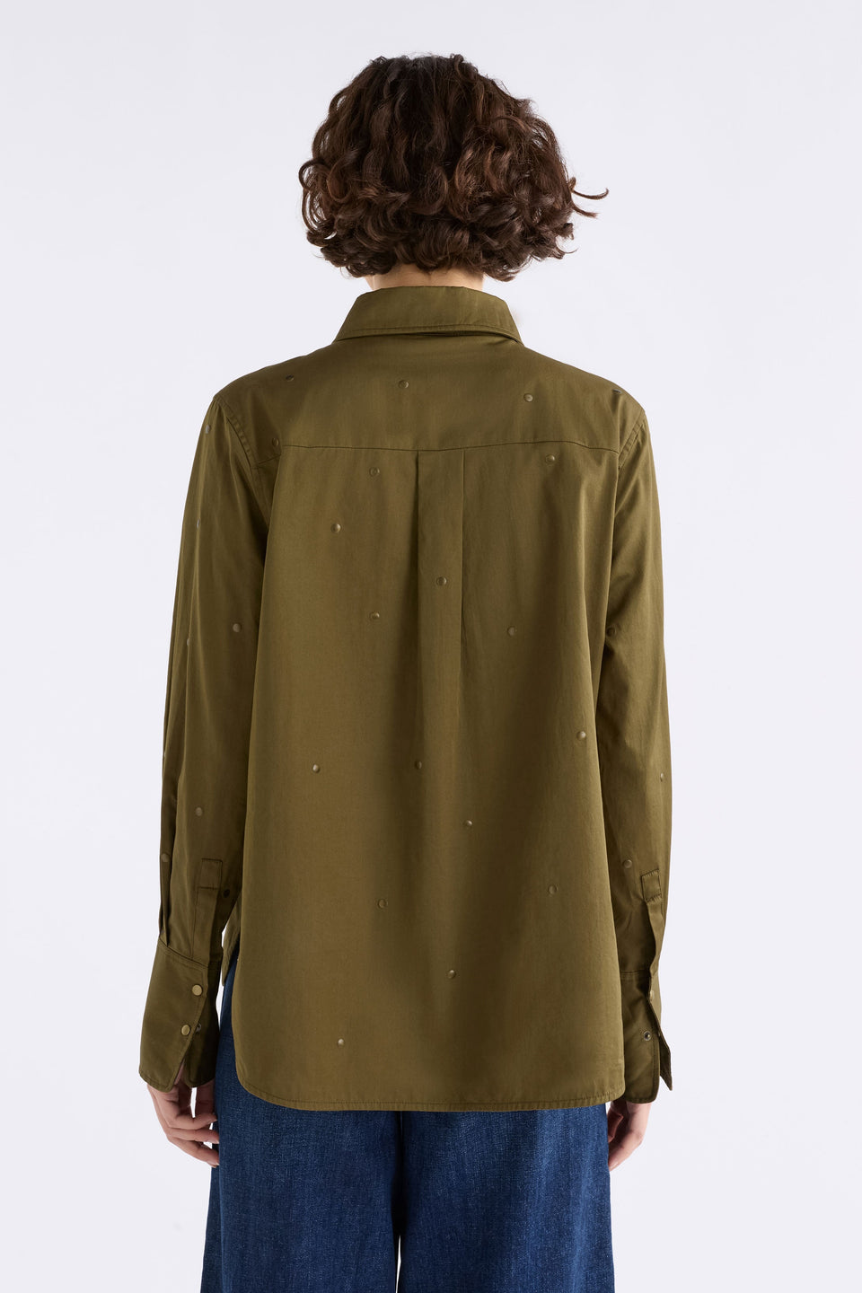 Stuud Organic Cotton Long Sleeve Shirt with all over stud detail Model back | OLIVE