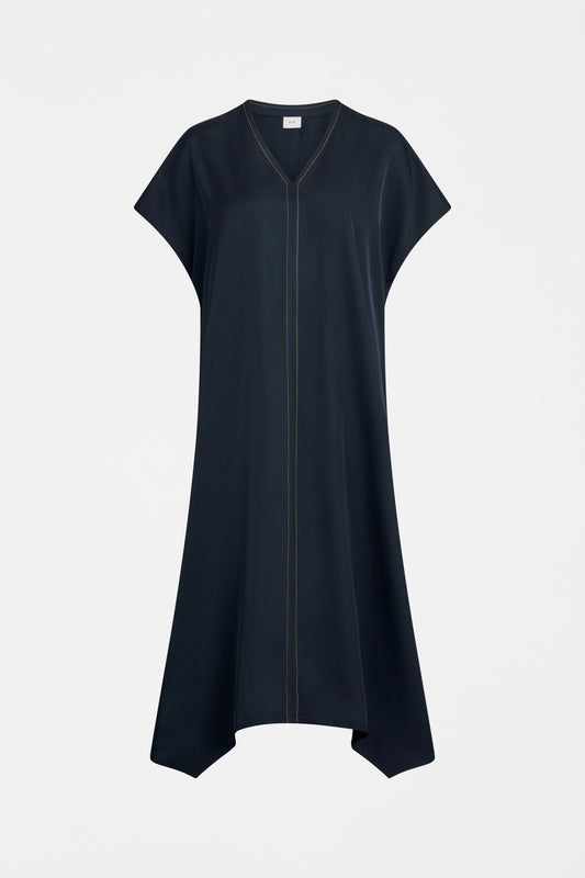 Hullu Short Sleeve V-neck Relaxed Handkerchief Hem Top Stitch Dress  Front | NAVY