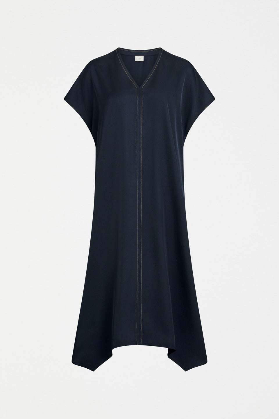 Hullu Short Sleeve V-neck Relaxed Handkerchief Hem Top Stitch Dress  Front | NAVY