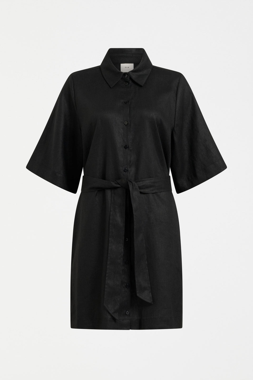 Llinen Relaxed Wide Short Sleeve Linen Short Shirt Dress with Waist tie Front | BLACK