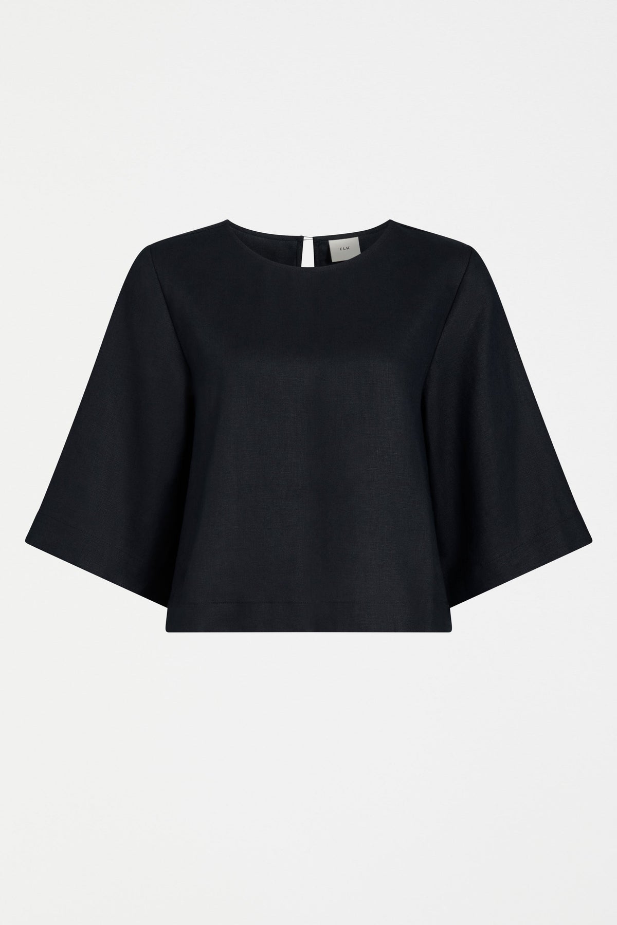 Llinen Boxy Elbow Length Sleeve Round Neck Linen Cropped Top Front | BLACK