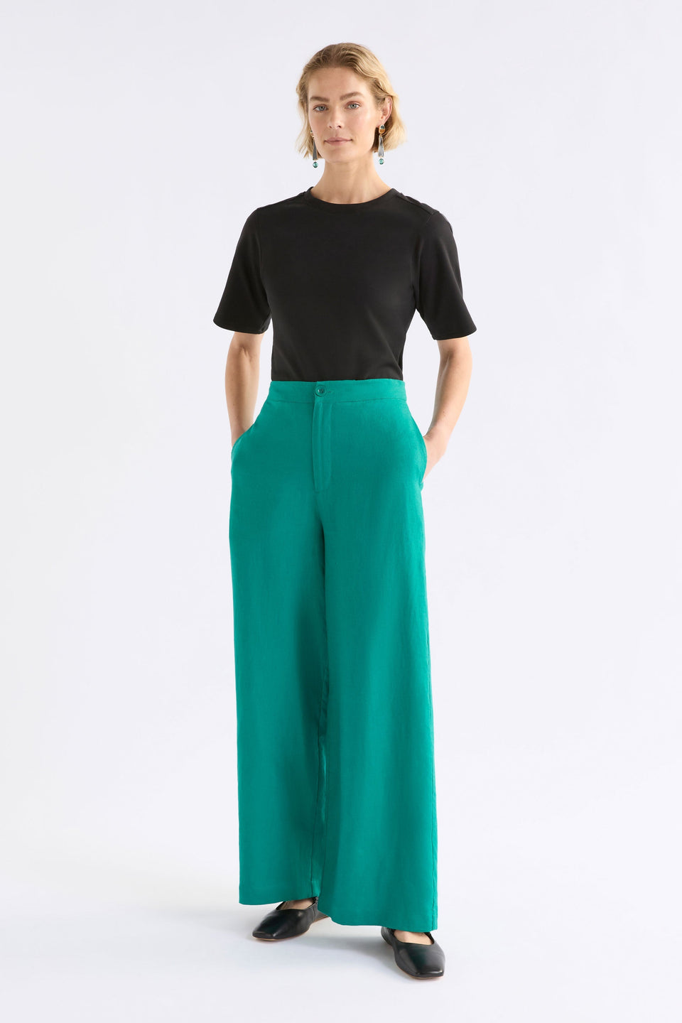 Anneli French Linen Wide Leg High Waisted Long Pant Model Front | TEAL